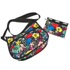 LeSportsac Crossbody Bag with Matching Pouch Floral Print Black Multi Color‎